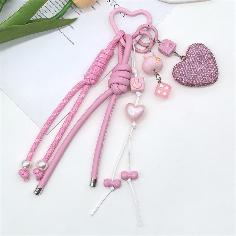 Sparkling Rhinestone Heart Braided Keychain Bag Charms