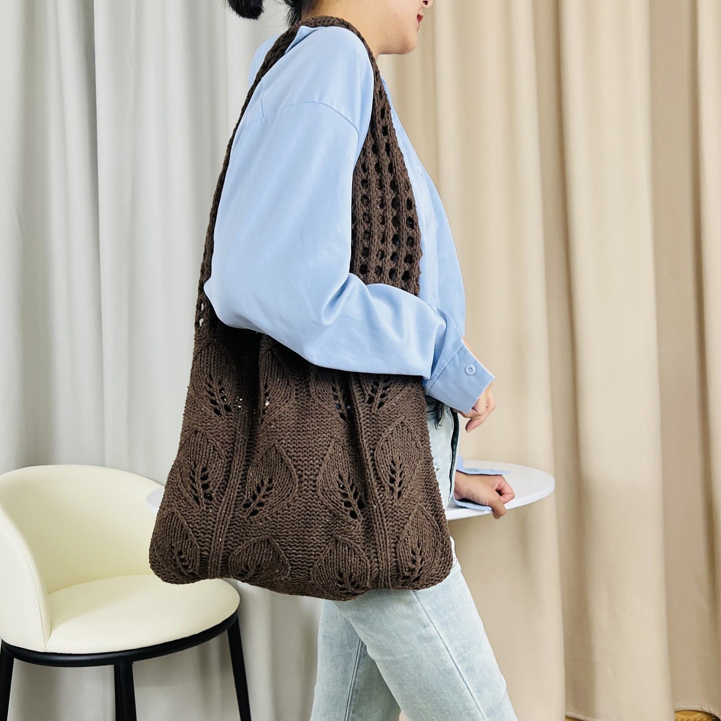 Solid Color Hollow Out Knit Shoulder Tote Bag