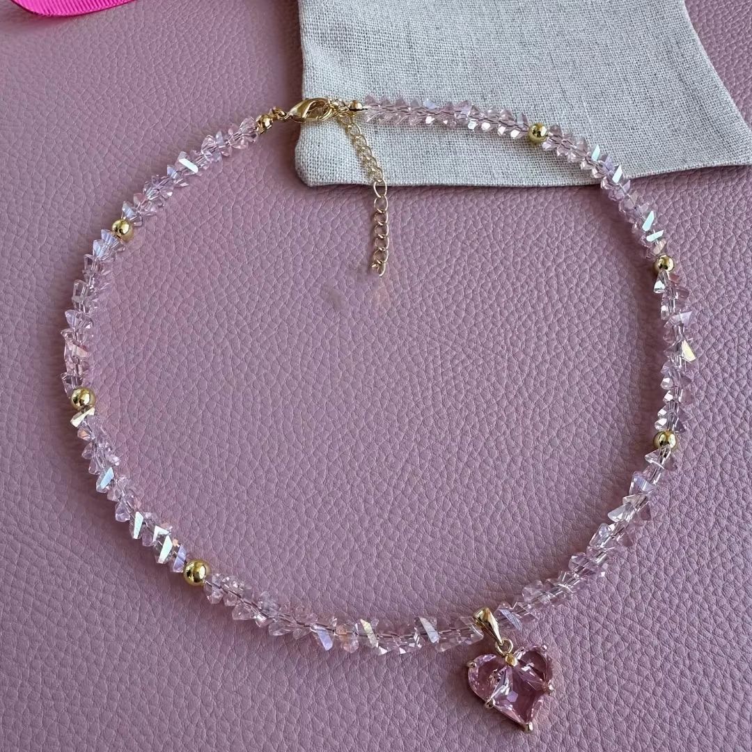 Crystal Beaded Heart Pendant Choker Necklace