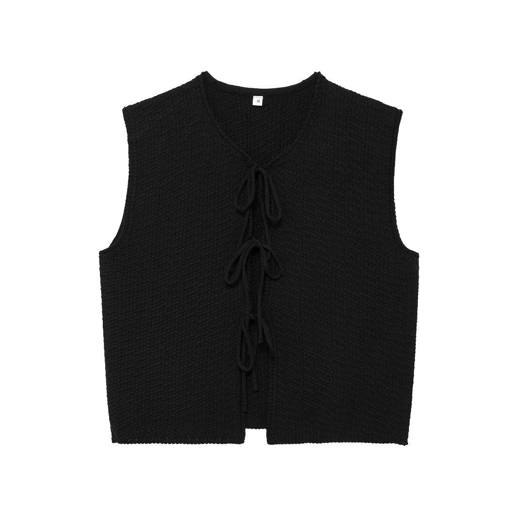 Round Neck Tie-Front Sleeveless Knit Vest