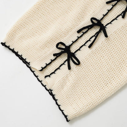 Color Block Bow Front Short Sleeves Knit Top