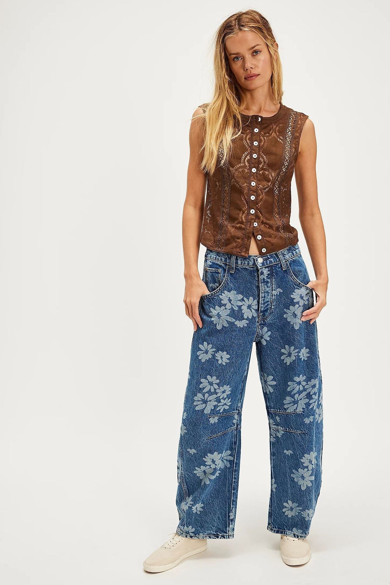 Flower Print Loose Midi Waist Jeans