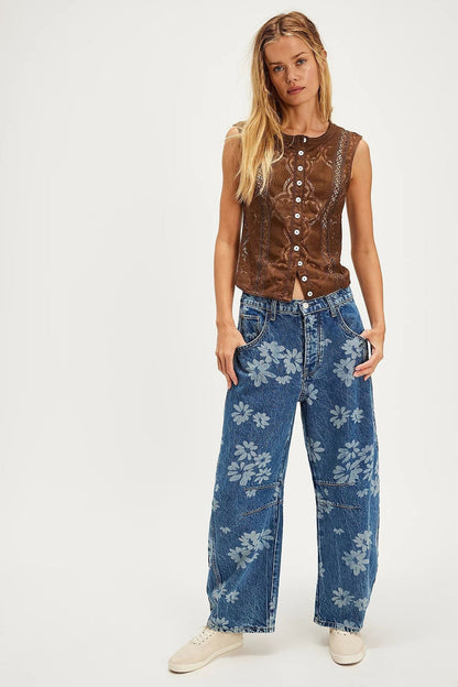 Flower Print Loose Midi Waist Jeans