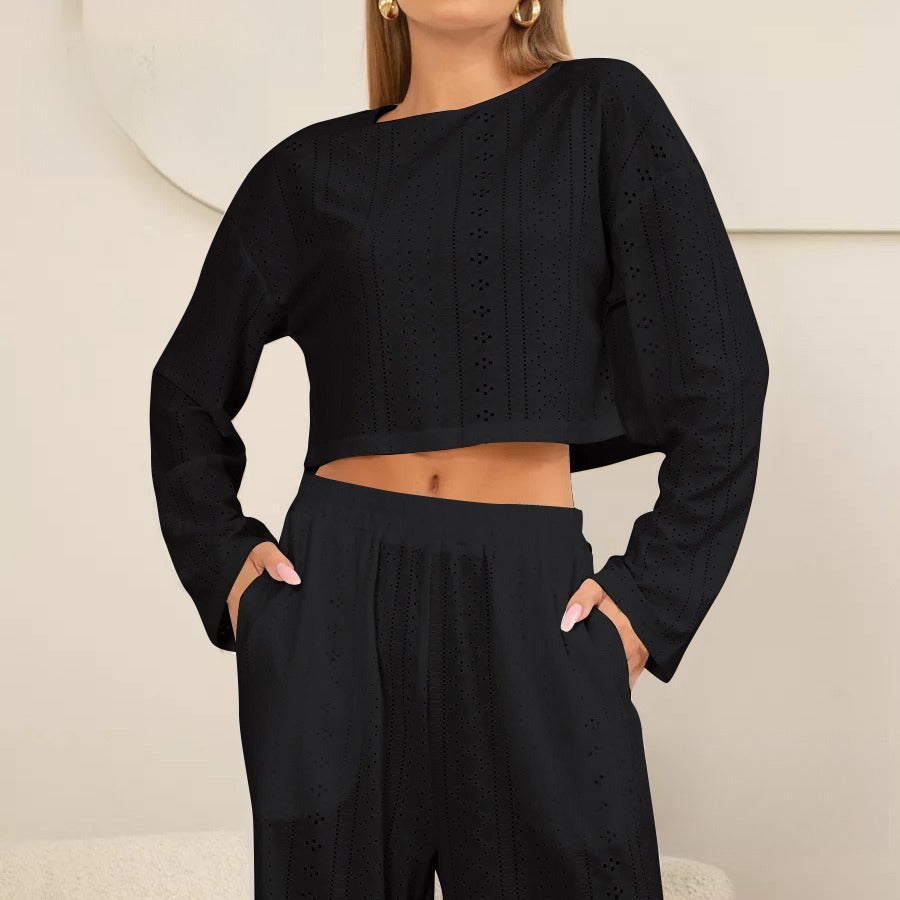 Solid Color Hollow Jacquard Loungewear Set