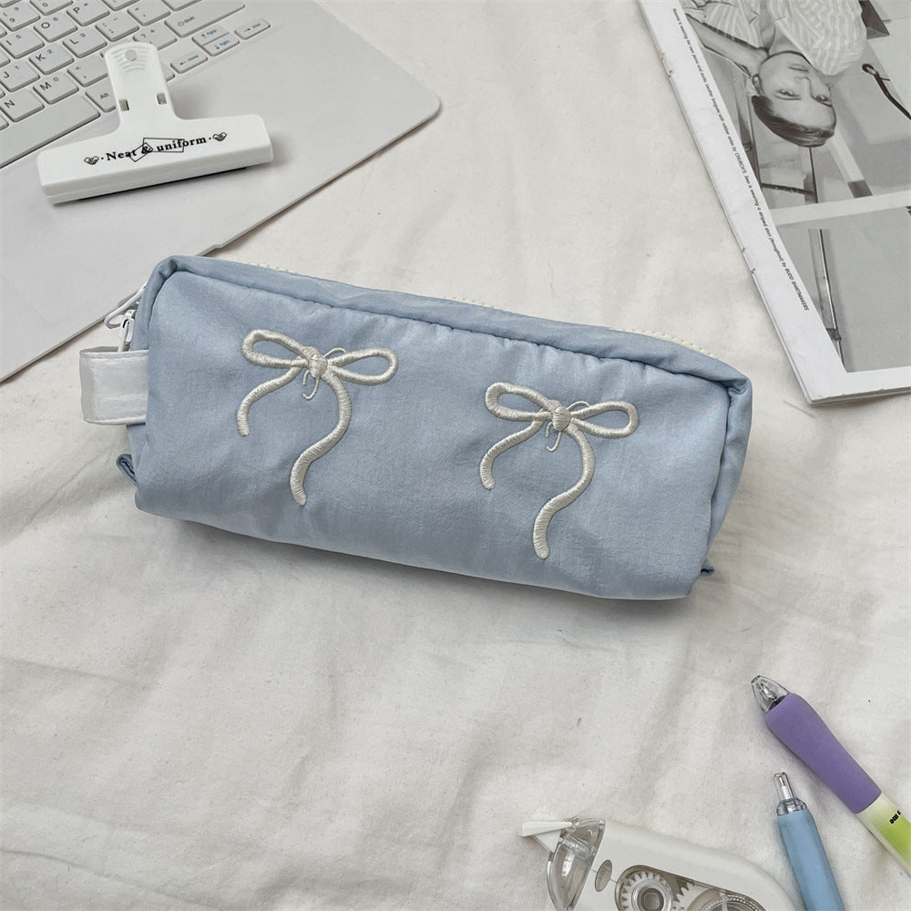 Bow Embroidered Large Capacity Pencil Pouch