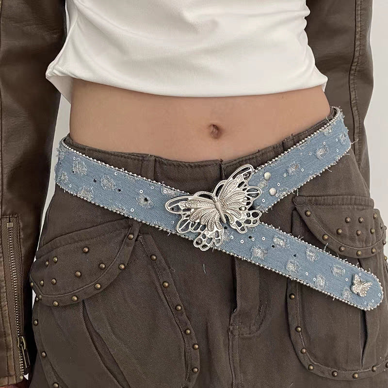 Butterfly Rhinestone Sequin Distressed Belt