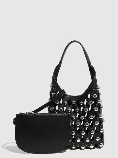 Hollow Out Rivet Chain Shoulder Bucket Bag