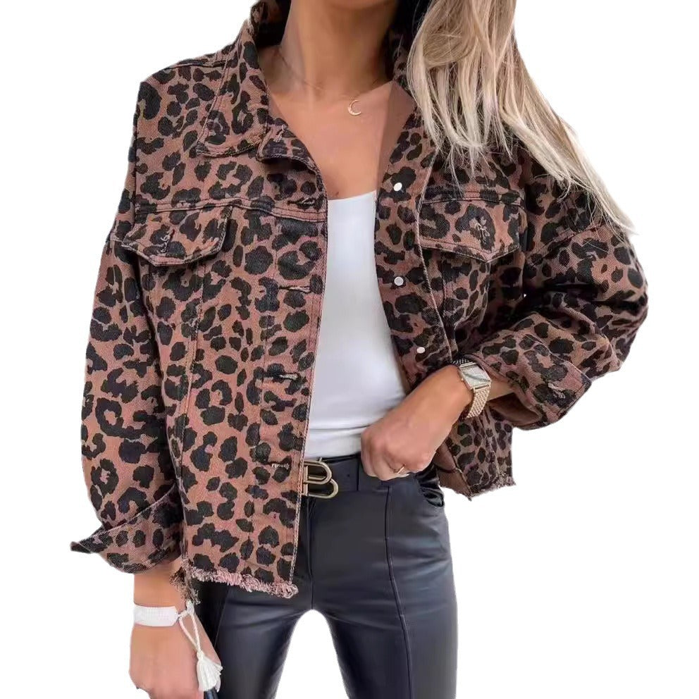 Leopard Print Distressed Denim Cropped Jacket