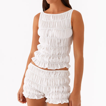 Casual Sleeveless Ruched Crop Top Shorts Set