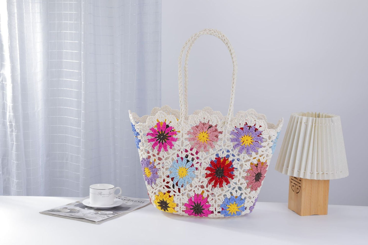 Hollow Out Flower Woven Shoulder Tote Bag