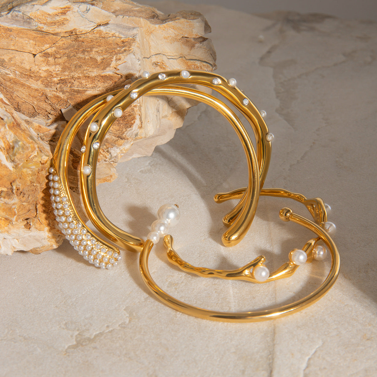 Gold Plated Pearl Open Bangle Bracelet