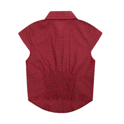 Vintage Lapel Collar Plaid Short Sleeve Top