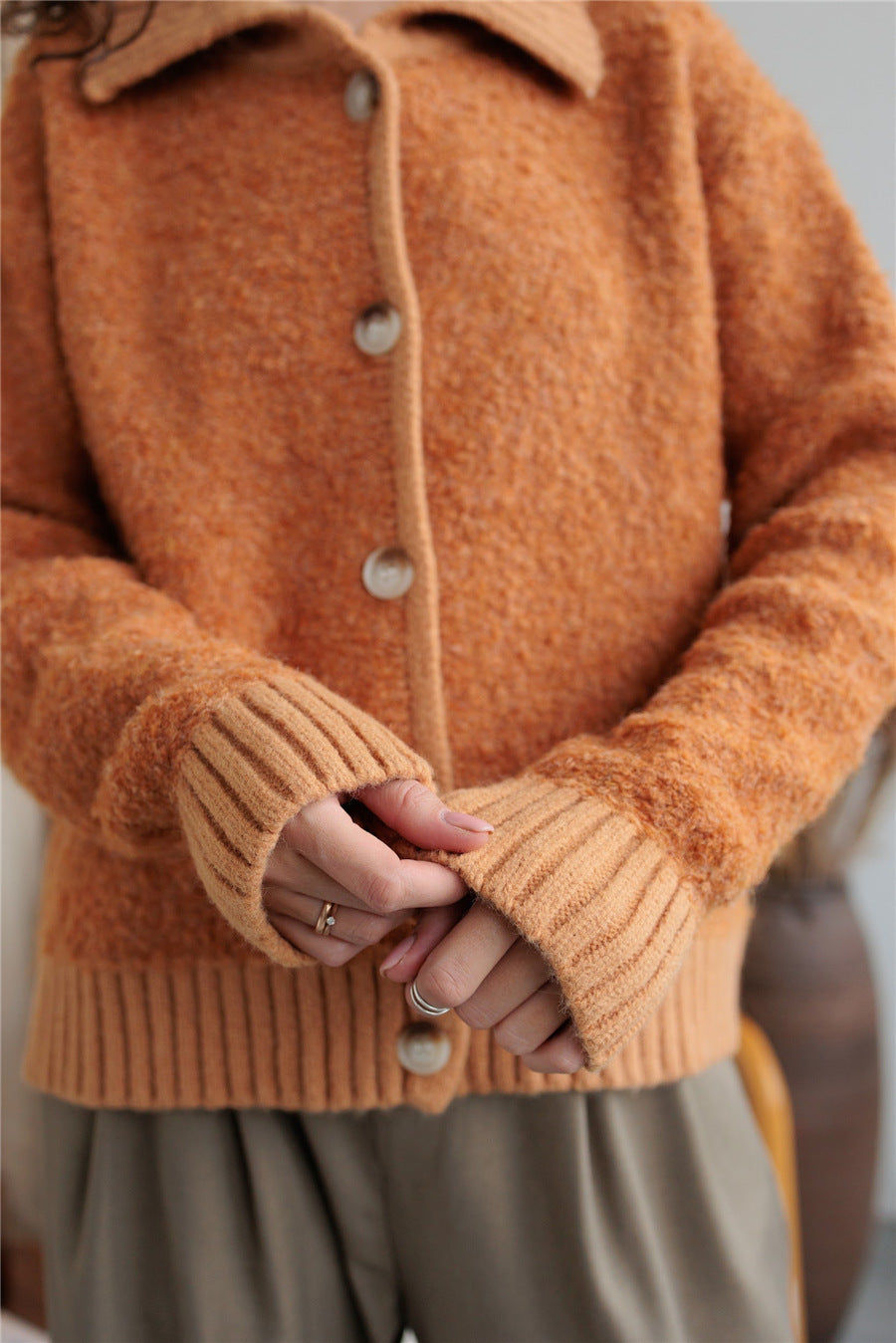 Casual Lapel Collar Long Sleeve Fuzzy Cardigan