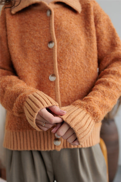 Casual Lapel Collar Long Sleeve Fuzzy Cardigan