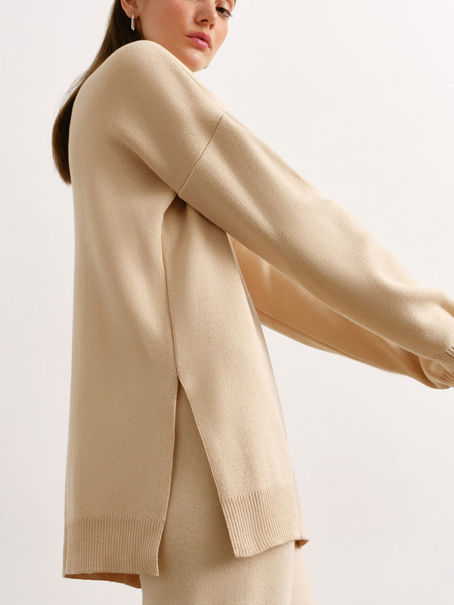 High Collar Side Split Knit Sets