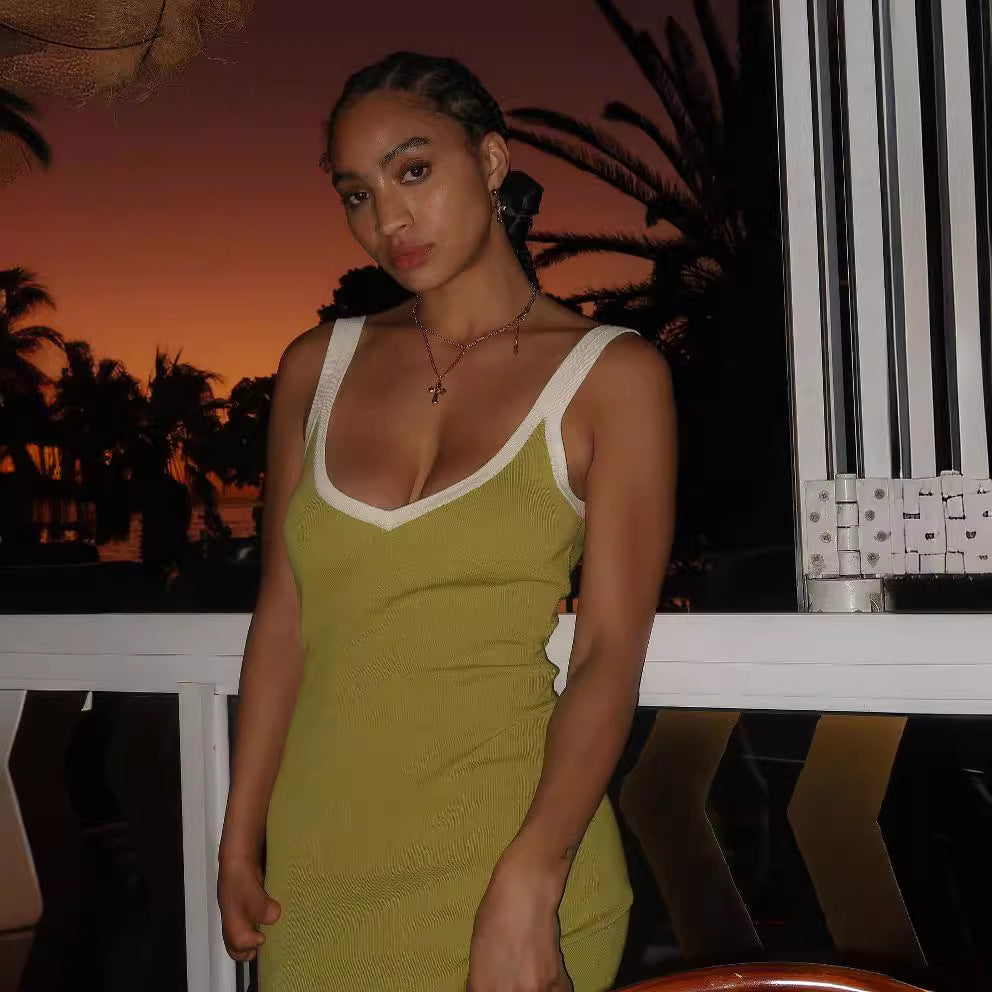 Color Block Sexy Split Knit Spaghetti Dress