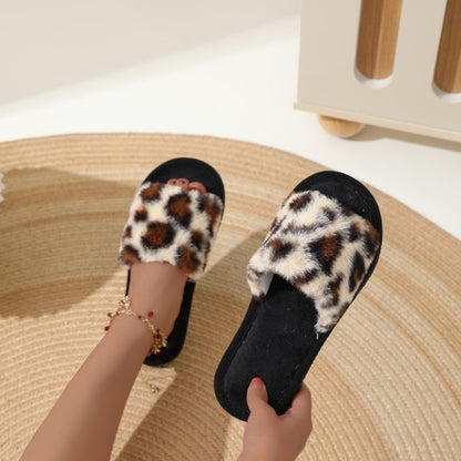 Soft Leopard Print Faux Fur Home Slippers
