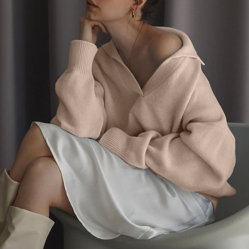 Trendy Polo Collar Long Sleeve Knit Sweater