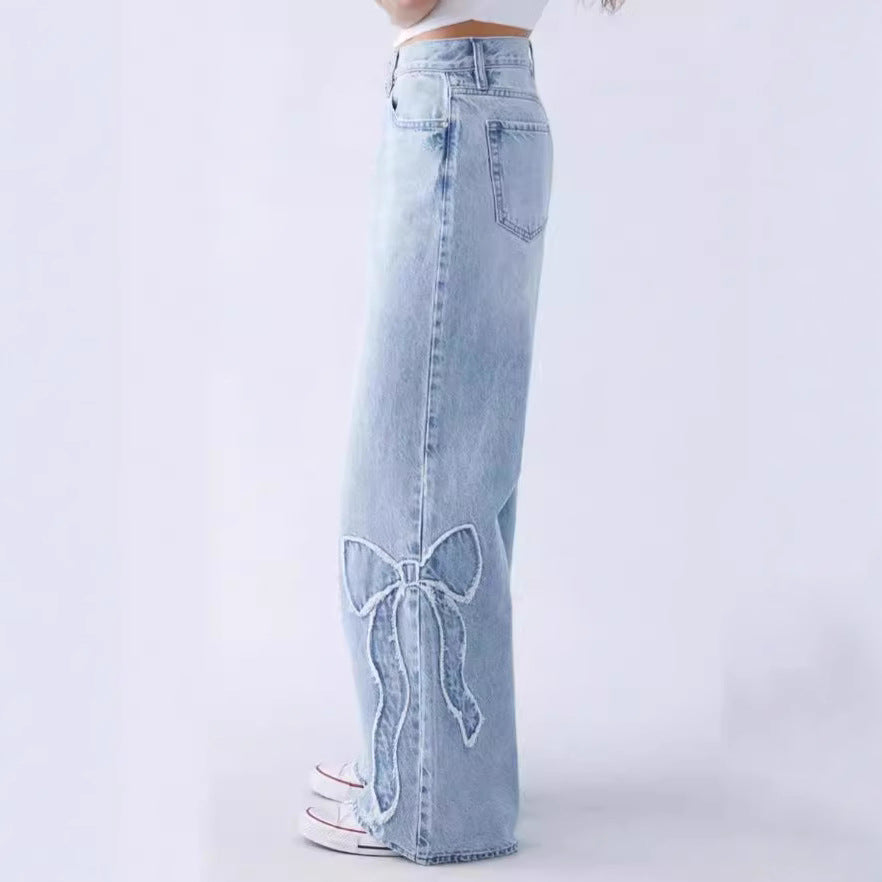 Bow Embroidered Loose Straight Leg Jeans