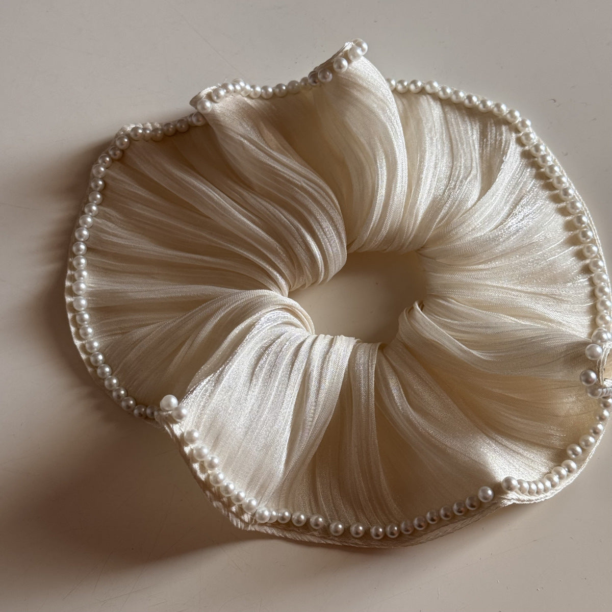 Elegant Satin Chiffon Pearl Embedded Hair Scrunchies