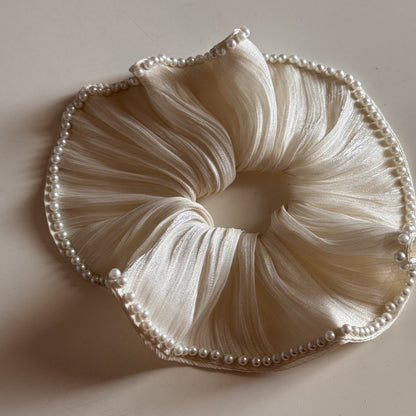 Elegant Satin Chiffon Pearl Embedded Hair Scrunchies