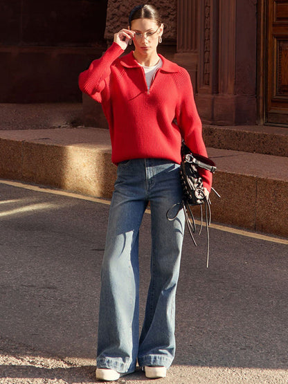 Solid Color Zipper Sweater Loose Knit Sweater