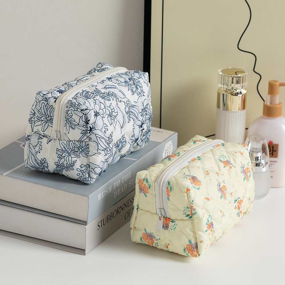 Floral Print Square Quilted Makeup Bag