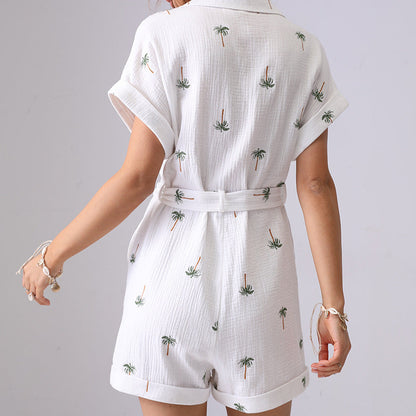 Tree Embroidered String Pockets Lapel Romper