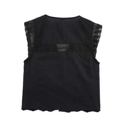 Casual Sleeveless Embroidered Tie Front Top