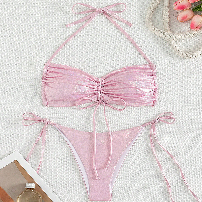 Drawstring Halter Sexy Backless Bikini Swimwear