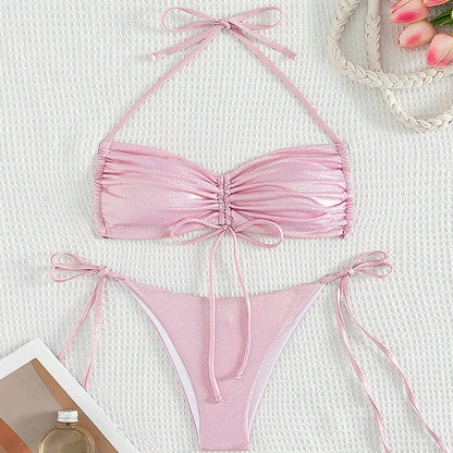 Drawstring Halter Sexy Backless Bikini Swimwear