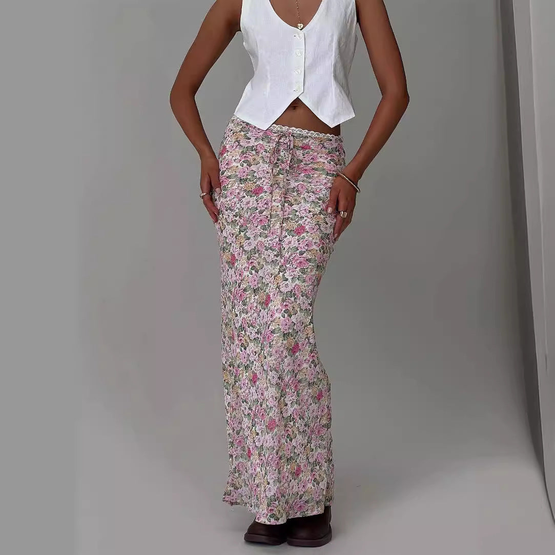 Elegant Floral Print Tie Front Maxi Skirt