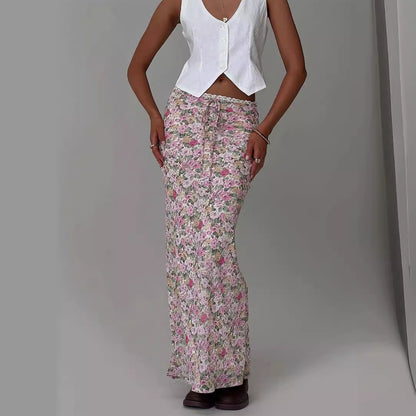 Elegant Floral Print Tie Front Maxi Skirt