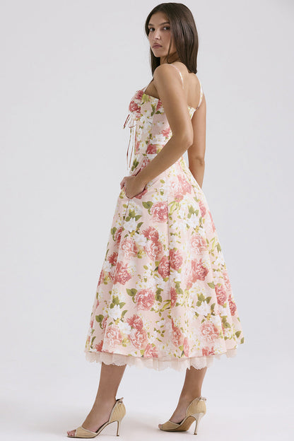 Slim Flower Print Lace Spaghetti Dress