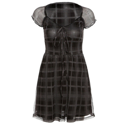 Trendy Square Neck Slim Plaid Mini Dress