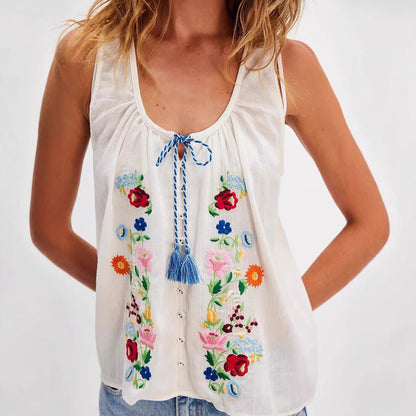 Embroidered Flower U-Neck Sleeveless Top