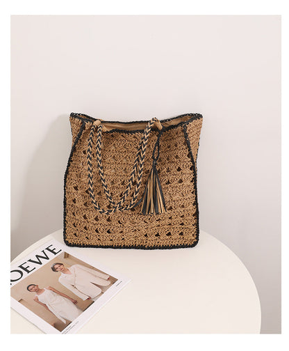 Tassel Color Block Hollow Out Woven Tote Bag