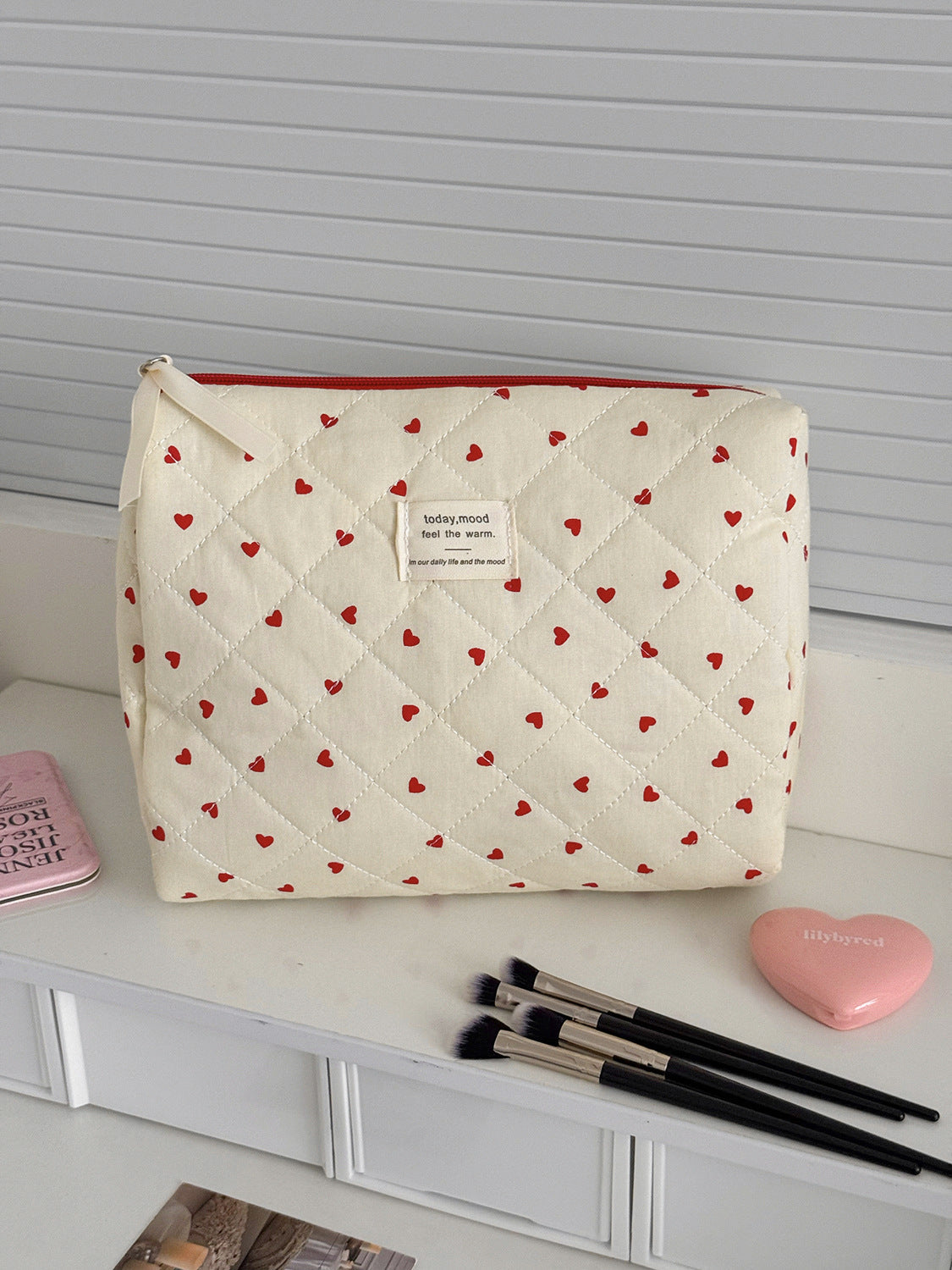 Red Heart Print Large Capacity Makeup Bag