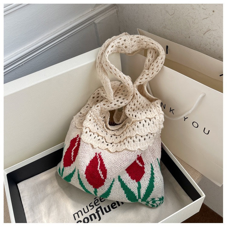 Vintage Flower Jacquard Knit SHoulder Bag