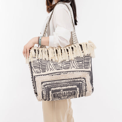 Vintage Tassel Print Tote Shoulder Handbag