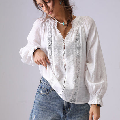 Lace Splicing Ruffle V-Neck Pullover Top