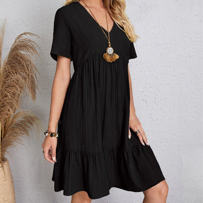 V-Neck Solid Color Short Sleeves Mini Dress