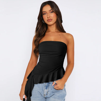 Solid Sexy Flounce Strapless Slim Top