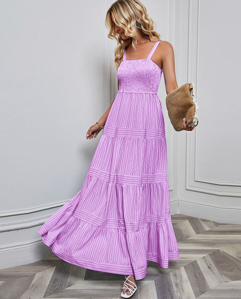 Solid Color Striped Spaghetti Long Dress