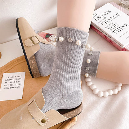 Rhinestone Pearl Solid Color Sweet Socks