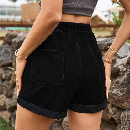 Casual Drawstring Waist Denim Short