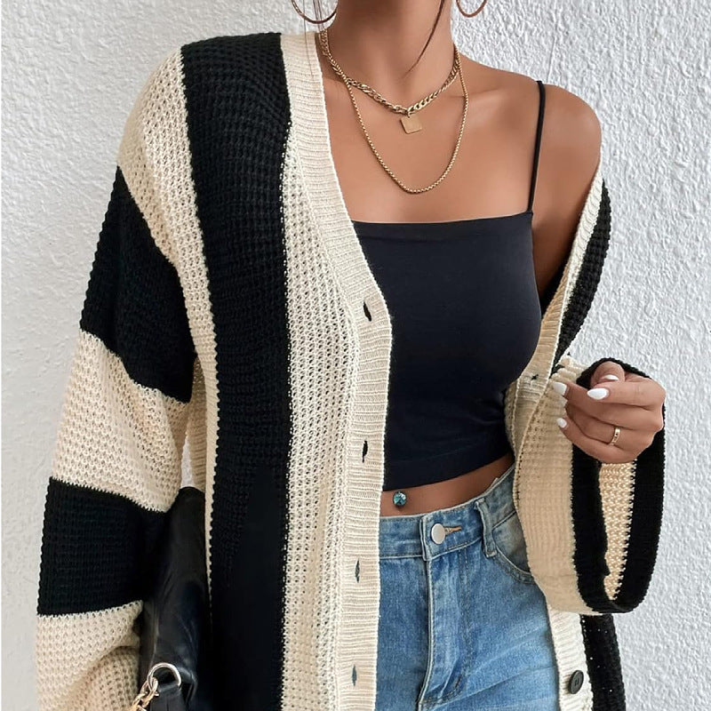 Striped Color Block Flare Sleeves Knit Cardigan