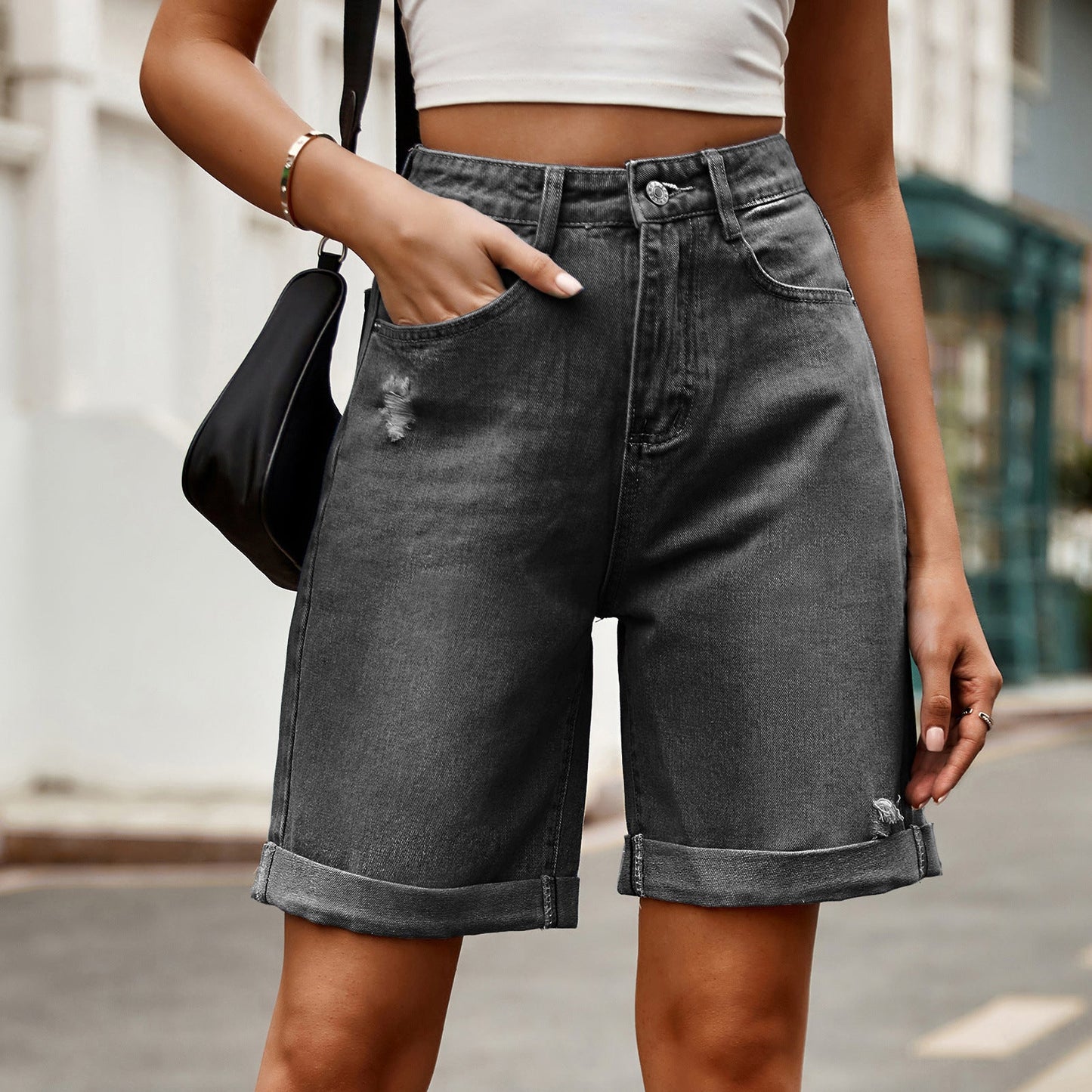 Distressed Folded Denim Bermuda Shorts