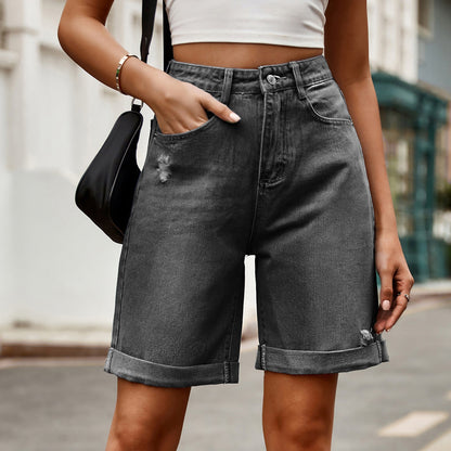 Distressed Folded Denim Bermuda Shorts