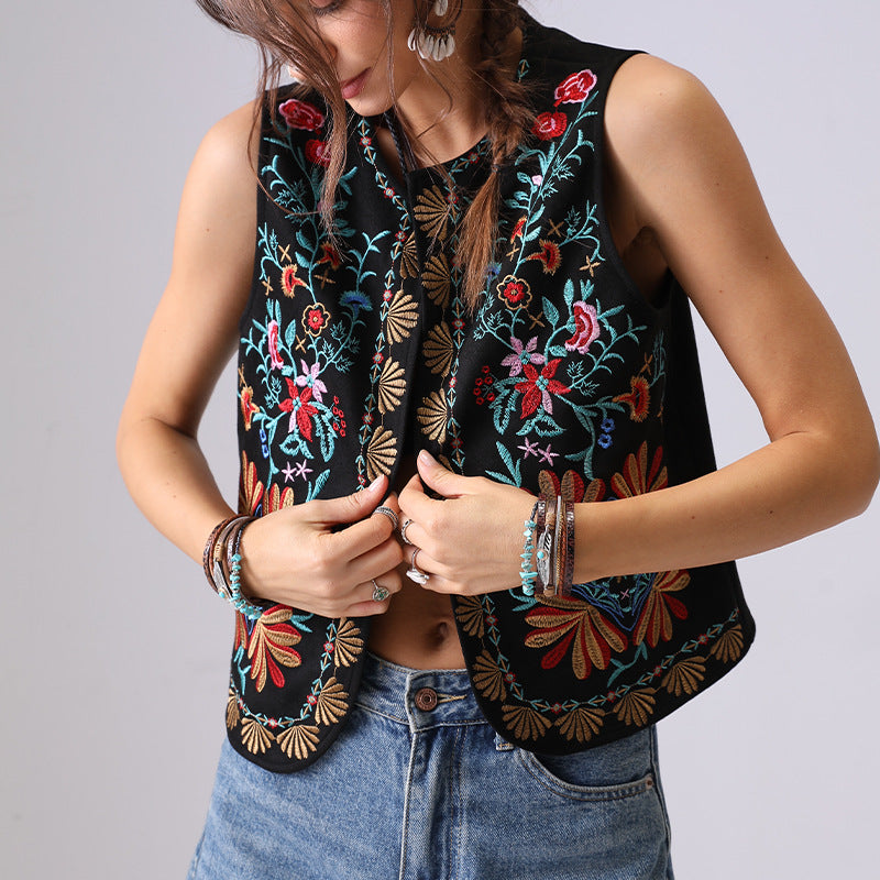 Boho Floral Embroidered Open Front Vest